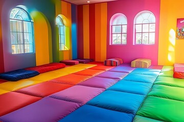 A colorful rainbow playground room serves as a vibrant backdrop for photo studio sessions providing an engaging and playful environment for children