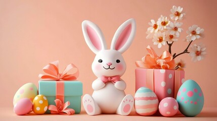 A charming Easter scene with an adorable bunny colorful eggs and bright gifts celebrating the festive season.