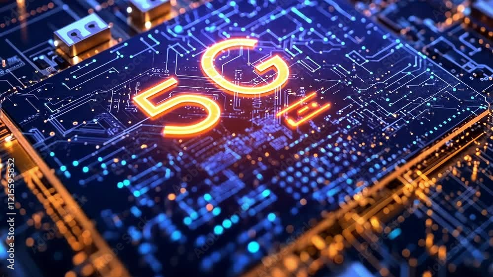 Poster complex electronic circuit board showcasing advanced 5g technology chip, illuminating intricate netw