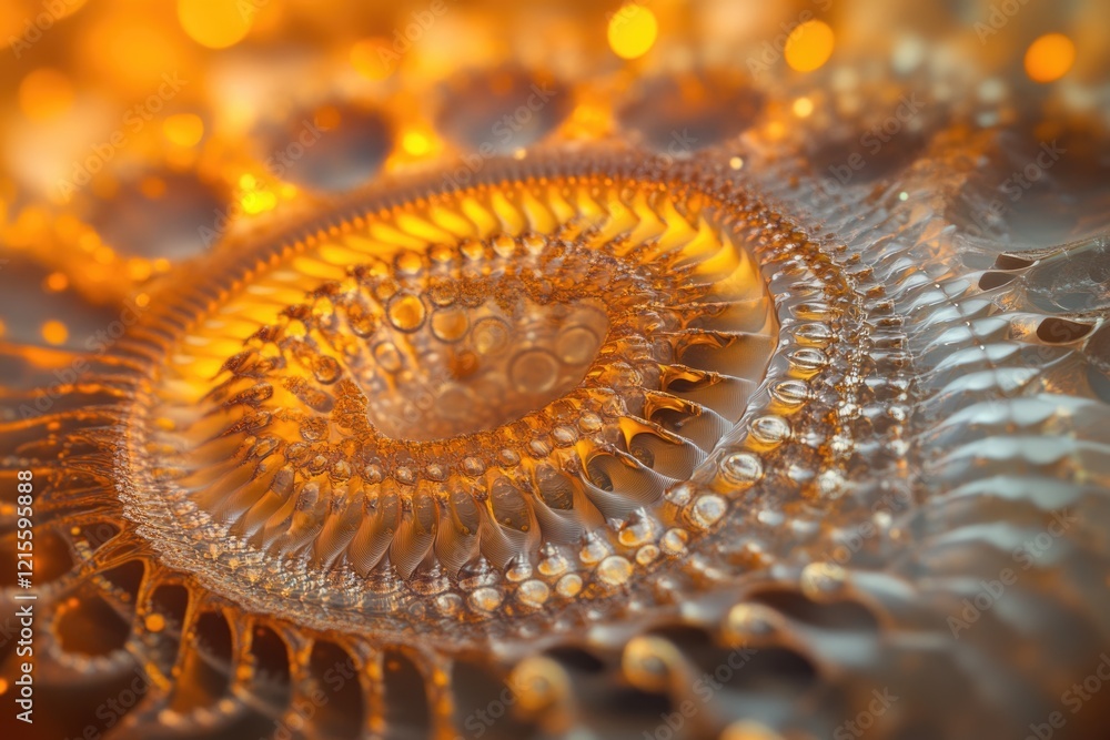 Poster intricate, amber-hued fractal pattern resembling a swirling, organic structure with glowing bokeh.