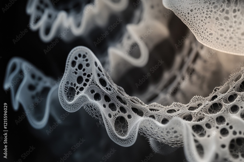 Poster abstract grayscale image depicting intricate, porous, organic-like structures resembling a network o