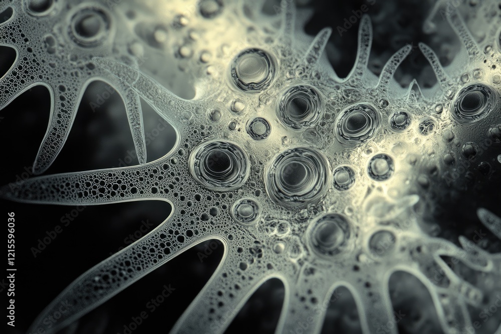Poster abstract microscopic image showcasing intricate, organic structures with interconnected bubbles and 