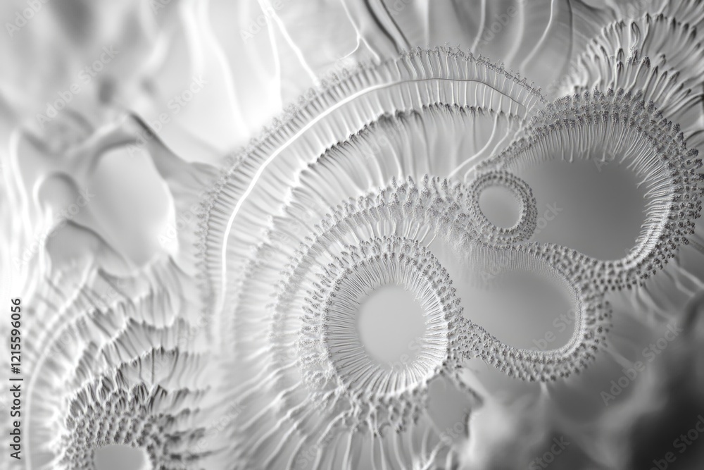Poster abstract grayscale image showcasing intricate, organic, circular patterns resembling microscopic str