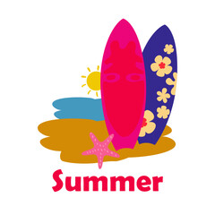 tropical island with surfboard