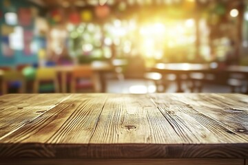A wooden desk is set against a blurred backdrop of a child