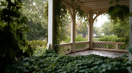 Obraz premium A sunlit gazebo framed by lush greenery exudes tranquility and invites peaceful relaxation in a natural garden setting.