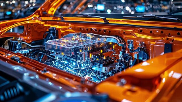 Close up of an electric car engine showcasing a futuristic transparent battery and intricate circuitry, illuminated with a cool blue light in a modern automotive factory