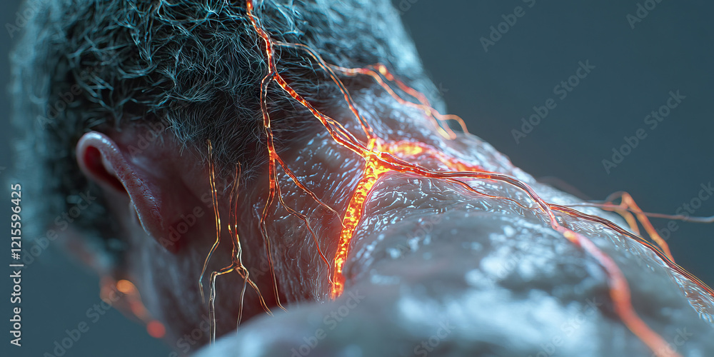 Poster digital rendering of human neural pathways in neck and upper back