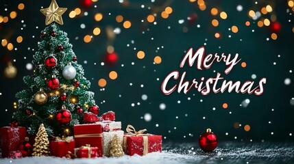 Christmas holiday background photography with white Handwriting thin Letters 'Merry Christmas' over Christmas background with small snow Christmas tree gifts and balls