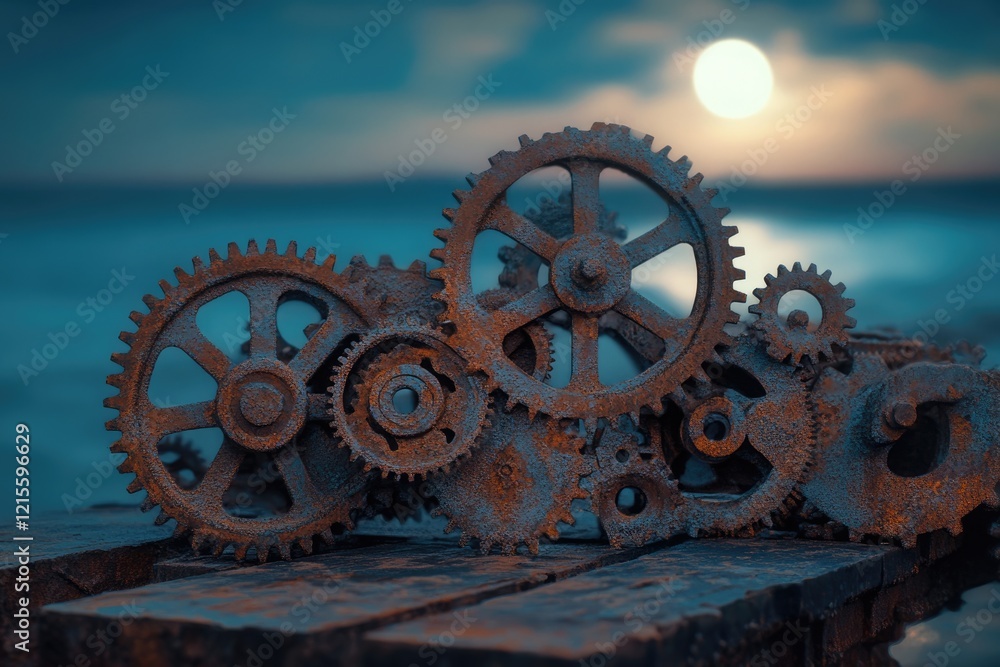 Poster rusty gears interlock, creating a mesmerizing mechanical scene against a serene sunset backdrop.