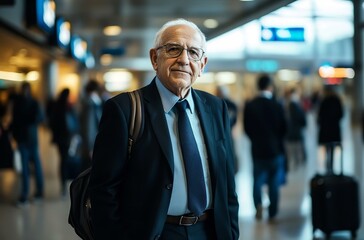 Dressed in a suit and tie an elderly man stands in a busy airport terminal