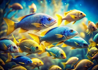 Vintage Photo: Blue and Yellow Fish, Retro Aquatic Scene, AI Generated Stock Image