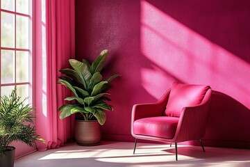 premium living lounge for 2023 features a vibrant magenta color scheme with a mockup wall in crimson red burgundy modern interior design and an accent armchair creating a luxurious and trendy atmo