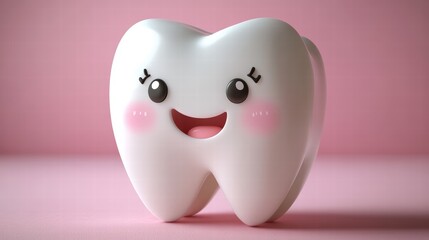 Happy tooth on a pink background, in a minimalistic style. Simple design, cute character,