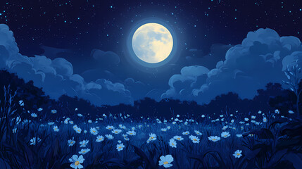 Monochrome indigo midnight skies with full moon and beautiful gardens below. simple almost cartoon like illustration. Indigo Skies. Illustration