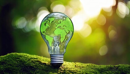 a green light bulb in the grass symbolizes green energy, sustainability but also climate change and global warming.