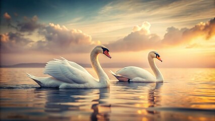 Fototapeta premium Vintage Photo: Two White Swans by the Sea