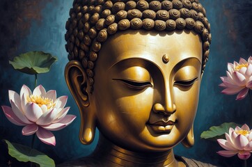 Colorful Buddha statue portrait vintage painting with flower decoration, culture and religion theme concept illustration texture design.
