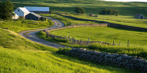 Rural Farmland with Stone Walls and Gravel Road