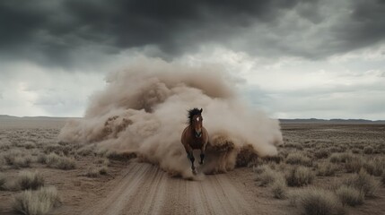 A wild horse charges through a desert plain, dust swirling dramatically under stormy skies, capturing freedom and untamed spirit.