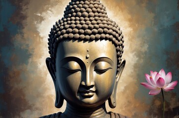 Colorful Buddha statue portrait vintage painting with flower decoration, culture and religion theme concept illustration texture design.
