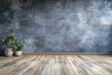 stock photo features a minimalist background with an empty gray wall and a wooden beige floor creating a neutral and versatile setting for a variety of potential uses