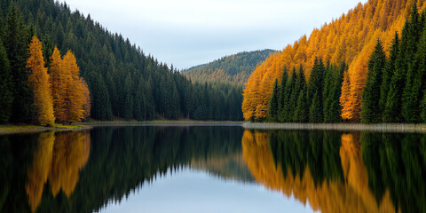 Obraz premium Lake Reflection of Evergreen and Autumnal Trees