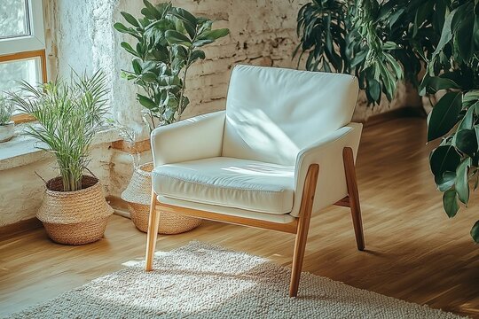 stock photo features a modern living room with a white leather armchair and a stylish wooden triangular coffee table as focal point of space
