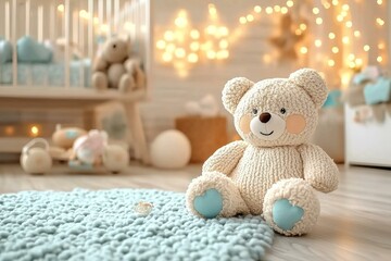 Create a cozy and inviting nursery room with a warm and welcoming interior complete with soft pastel colors plush toys and a comfortable rocking chair for a peaceful and nurturing environment