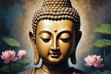 Colorful Buddha statue portrait vintage painting with flower decoration, culture and religion theme concept illustration texture design.
