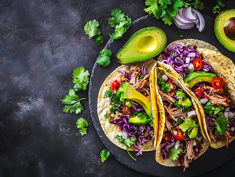 A top-down view of Mexican street tacos with juicy pork carnitas, topped with avocado slices, red cabbage, cilantro, and onions, arranged in an eye-catching layout on a dark background.