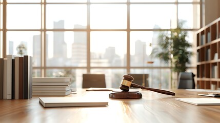 Gavel on conference table, city view, law office
