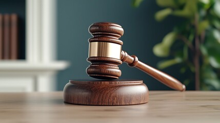 Obraz premium Gavel on desk, office background, justice concept, legal