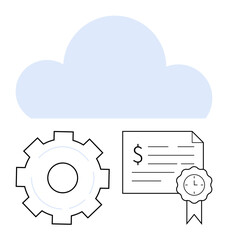 Cloud element above gear icon and certificate with dollar sign, badge. Ideal for cloud storage, secure files, digital authentication, online finance, efficient workflow, tech innovation, data