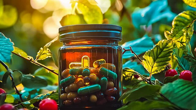 jar pills nestled lush green leaves,illuminated sunlight.image captures concept natural supplements and holistic health.focus is wellbeing nature's role enhancement.Vibrant greenery surrounds