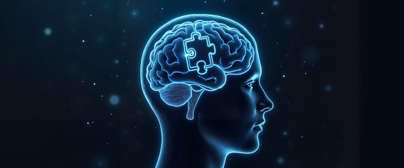 Glowing brain with puzzle piece in dark blue background
