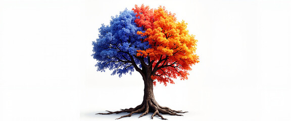 Colorful tree with blue and orange foliage on white background