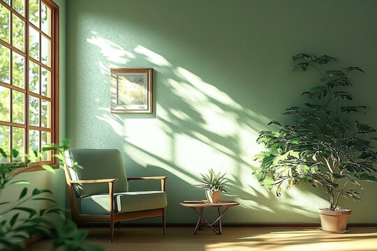 A 3D rendering of a modern Scandinavian interior mock-up featuring a green color scheme