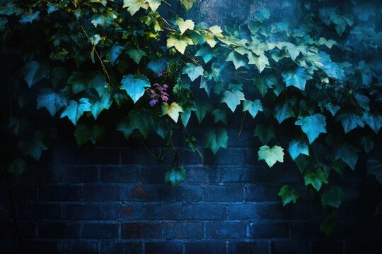 Moody, dark teal ivy leaves cascading down a brick wall, creating an atmospheric scene. - Powered by Adobe
