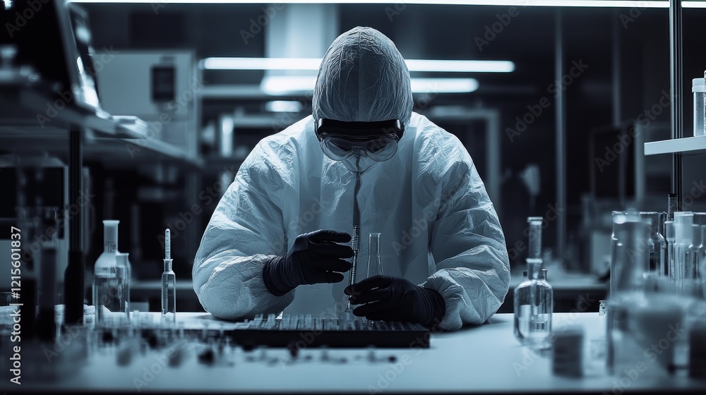 Poster a scientist in a hazmat suit conducts experiments in a modern laboratory setting