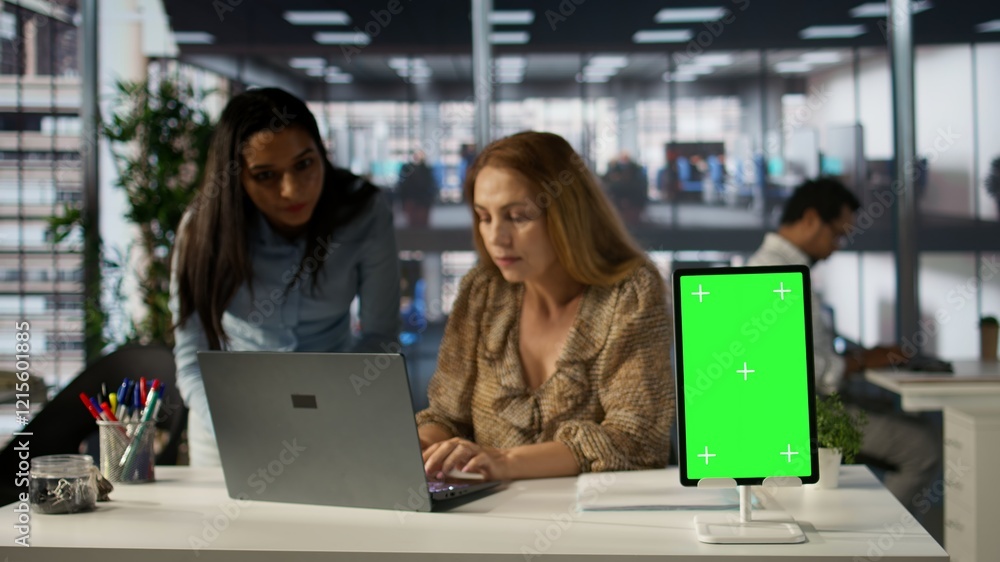 Poster female ceo engaging in project management using green screen to set goals and objectives, solve prob
