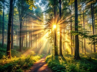 Obraz premium Vintage Sunbeams Filtering Through Forest Trees - Morning Light Stock Photo