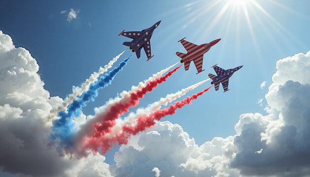 Patriotic fighter jets perform aerial display in blue sky