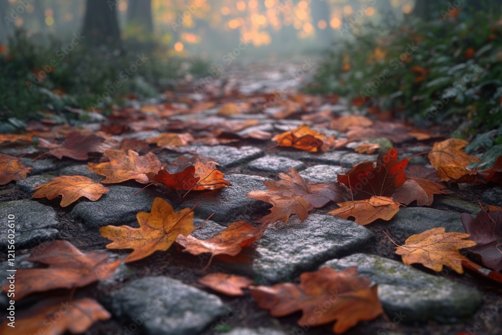 Poster autumn leaves scattered on a stone path through a misty forest, creating a serene autumnal scene.