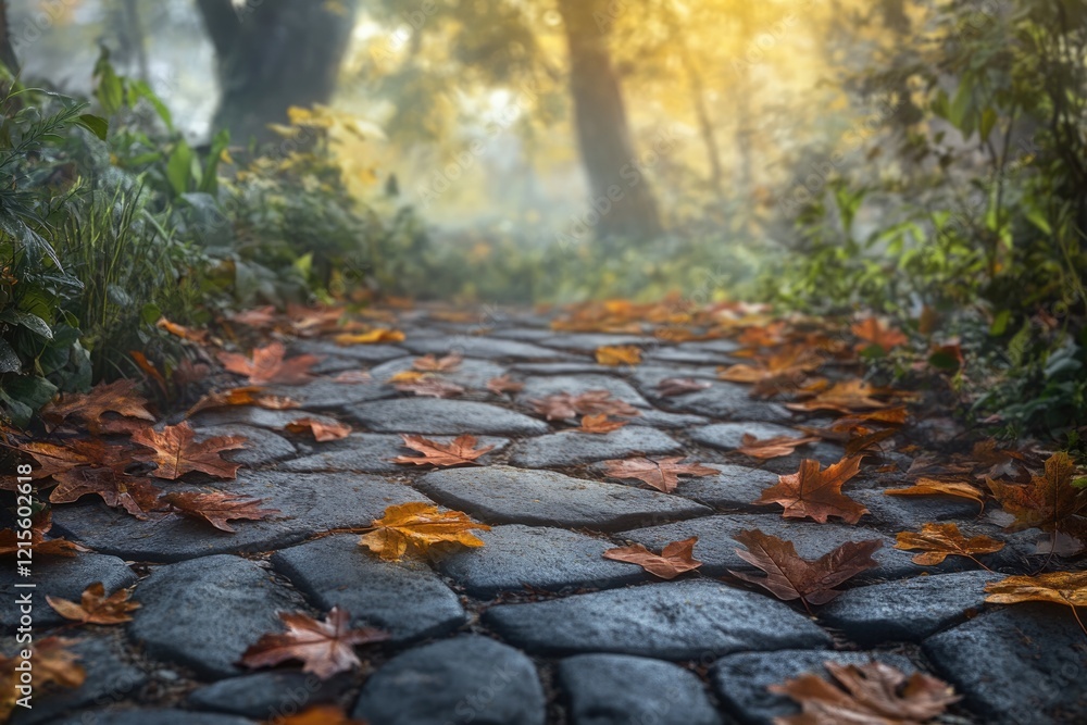 Poster autumn leaves scattered on a stone path in a misty forest, creating a serene and magical atmosphere.