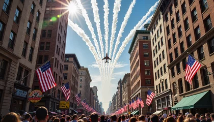 Tableaux sur Plexiglas Patriotic air show over crowded city street with American flags