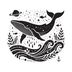 Black Color Whale silhouette design Vector Illustration, Solid White Background (11).eps