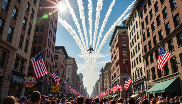 Patriotic air show over crowded city street with American flags