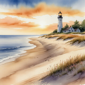 watercolor illustration of the peaceful shores of Cape Cod, Massachusetts, during the golden hour of late afternoon