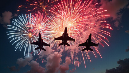 Fireworks exploding behind silhouetted fighter jets in night sky